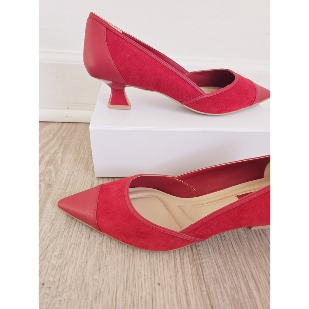 Franco Sarto Pointed Cap Toe Red Kitten Heel Darcy Suede Leather Slip On Shoes 9 - Picture 2 of 11